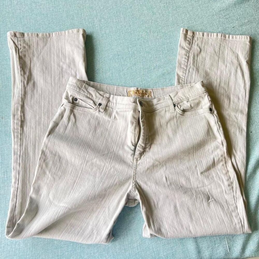 Bestow Women's Cream/White Jeans with gold emblem